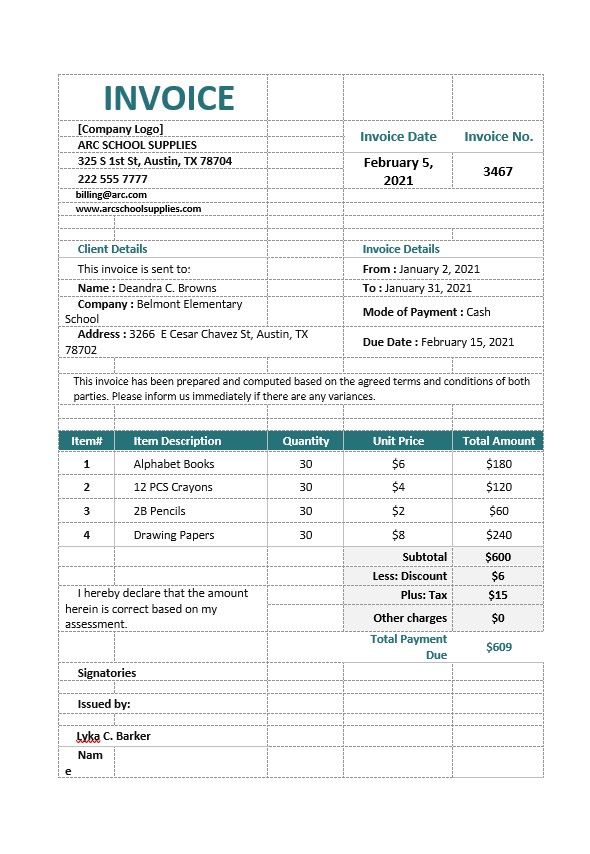 School Supply Order Invoice Template PSD template